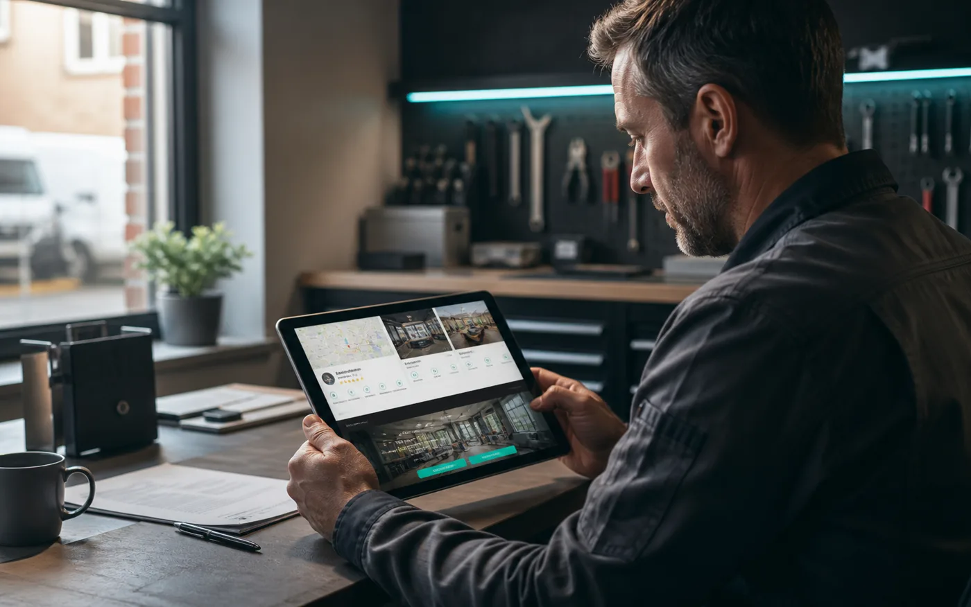 Lokale ondernemer beoordeelt zijn Google-profiel en mobile-first website op een tablet