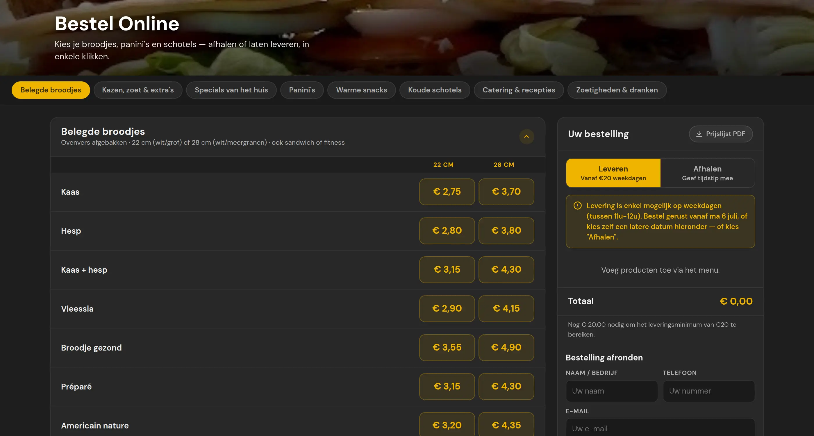 Bestelhub-demo voor een broodjeszaak — bestellen in enkele klikken